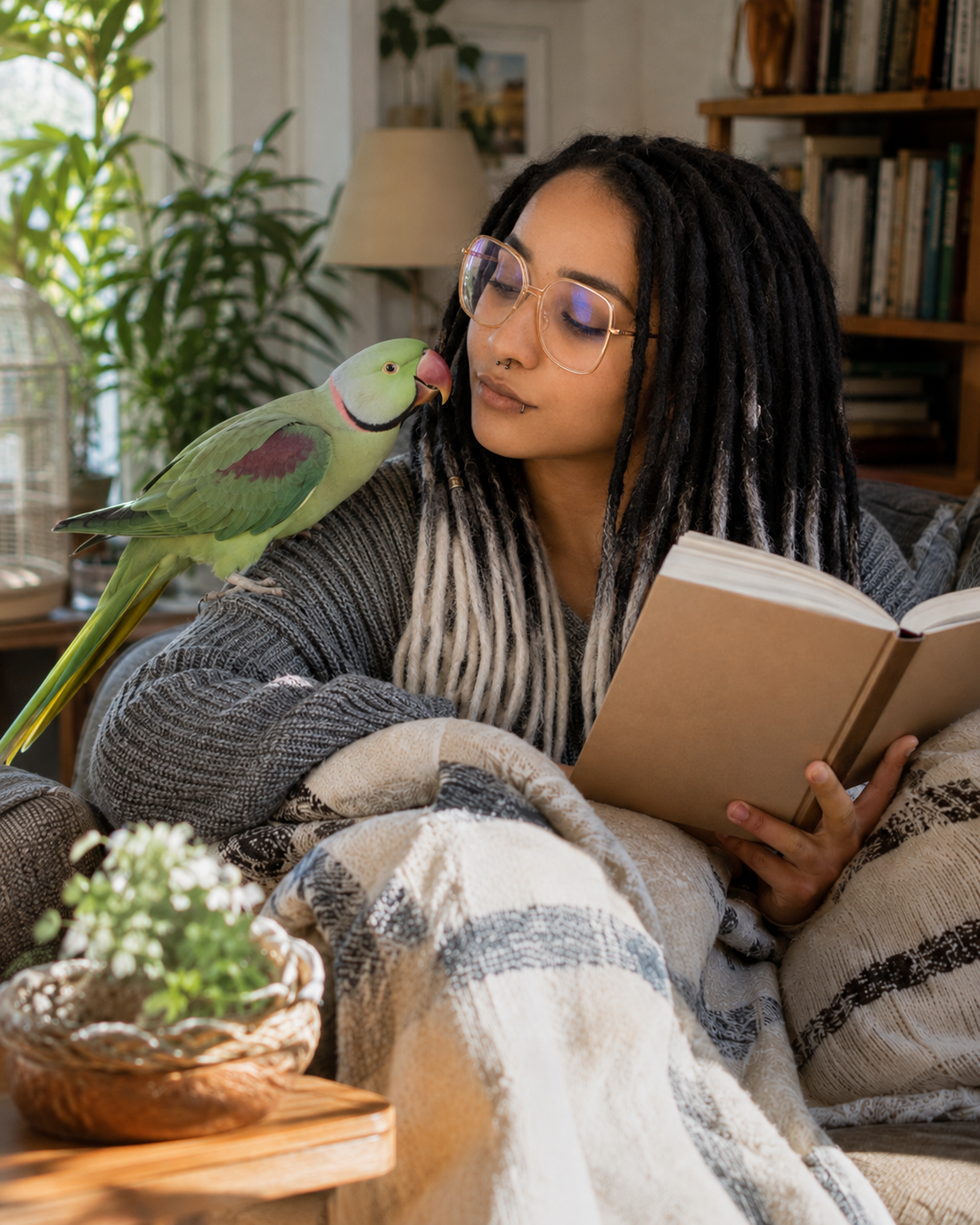 Lulu relaxing at home with a companion parrot while reading