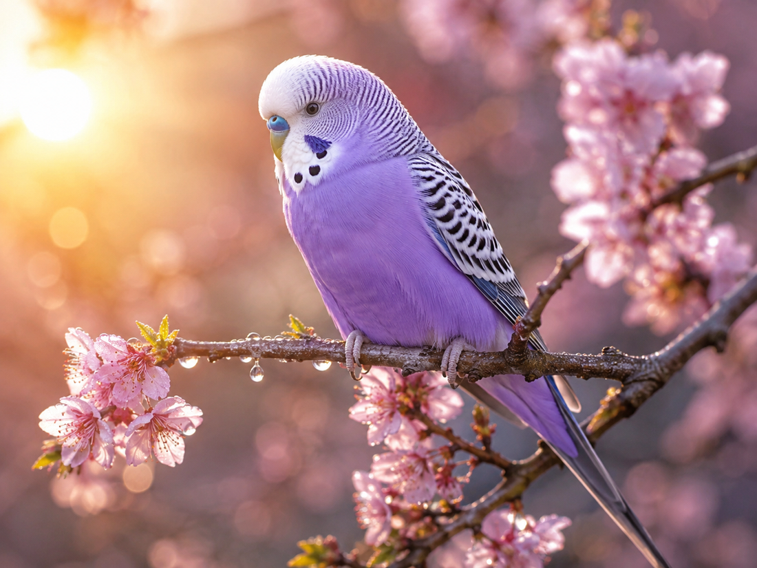 Violet budgerigar among blossoms illustrating how violet factors can deepen structural blue colour